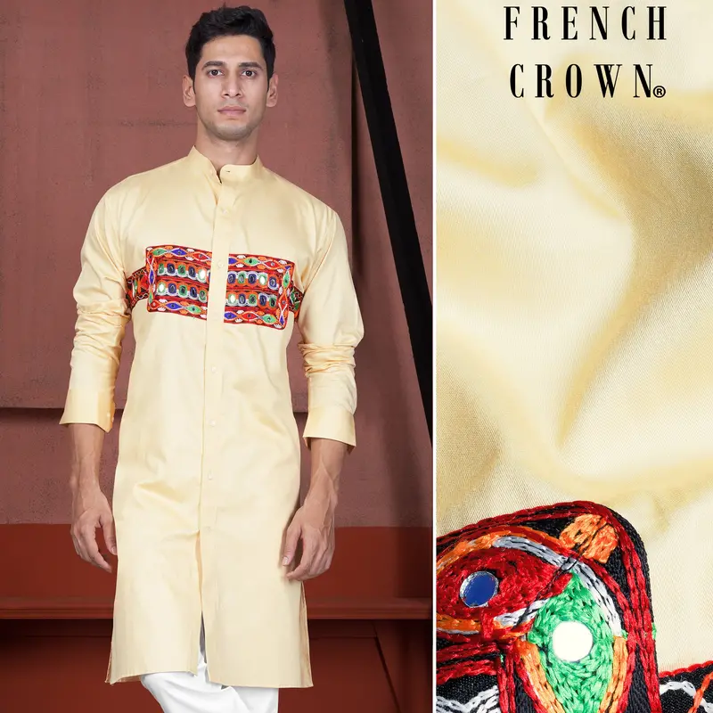 Chamois Beige Horizontal Kutch Work Patches With Mirror Work Subtle Sheen Super Soft Premium Cotton Designer Kurta 1