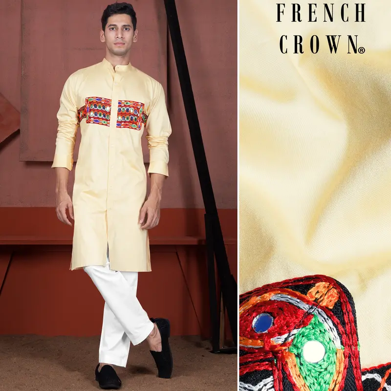 Chamois Beige Horizontal Kutch Work Patches With Mirror Work Subtle Sheen Super Soft Premium Cotton Designer Kurta Set 1