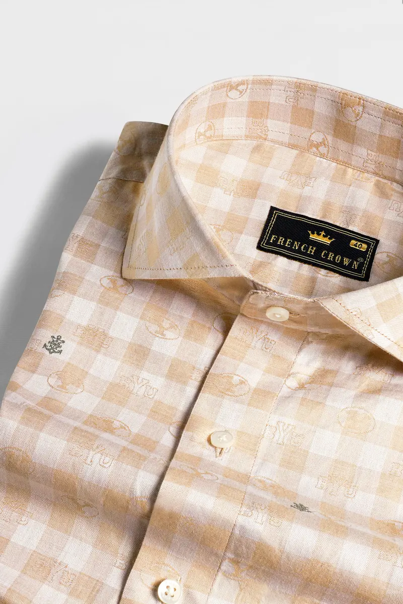 Chamois Peach And White Checkered Jacquard Textured Premium Giza Cotton Shirt 1