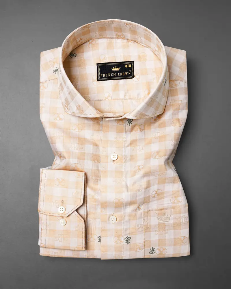 Chamois Peach And White Checkered Jacquard Textured Premium Giza Cotton Shirt 3