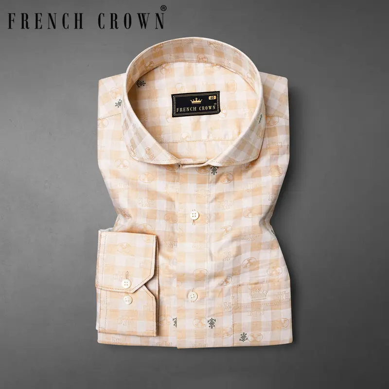 Chamois Peach And White Checkered Jacquard Textured Premium Giza Cotton Shirt 7