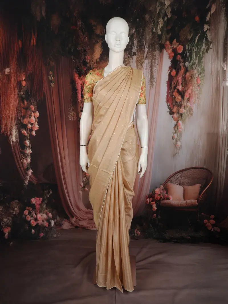 Champagne Beige Butta Woven Design Soft Tissue Saree With Scalloped Border 1
