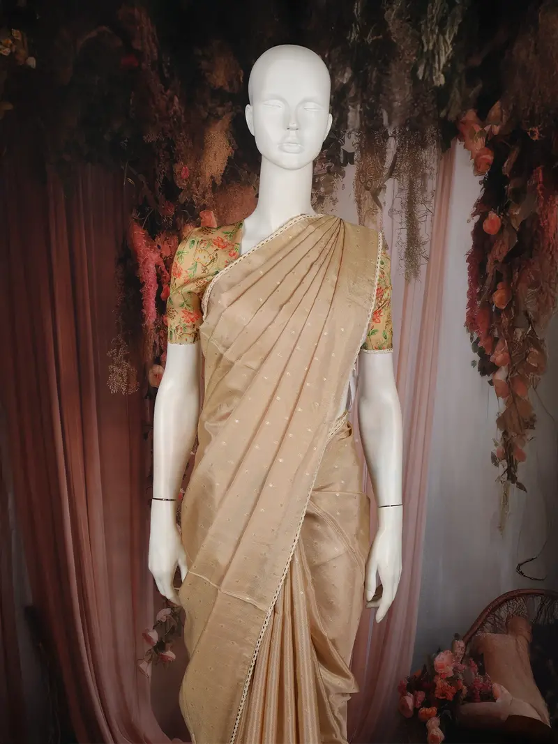 Champagne Beige Butta Woven Design Soft Tissue Saree With Scalloped Border 2