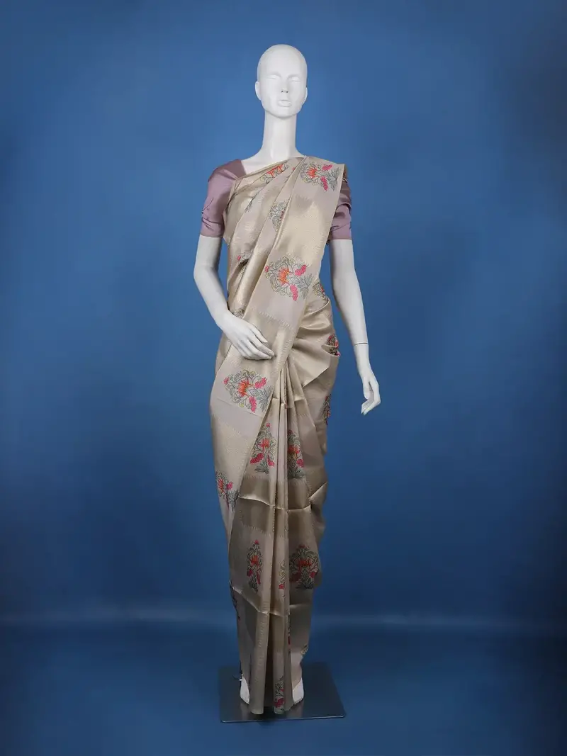 Champagne Beige Floral Design Semi Tissue Saree 1