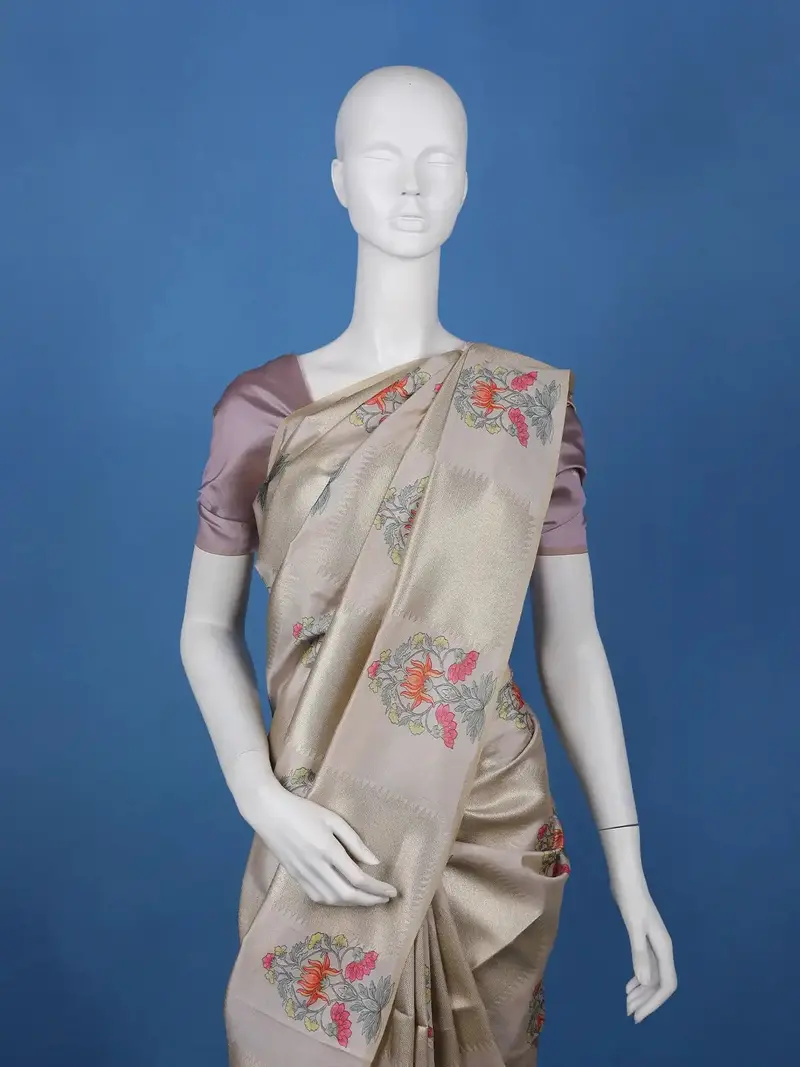 Champagne Beige Floral Design Semi Tissue Saree 2