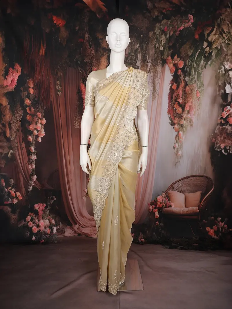 Champagne Beige Floral Design Tissue Silk Saree 1