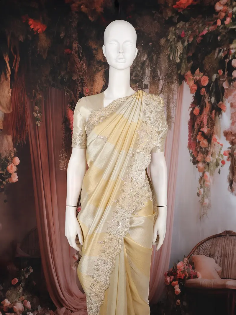Champagne Beige Floral Design Tissue Silk Saree 2