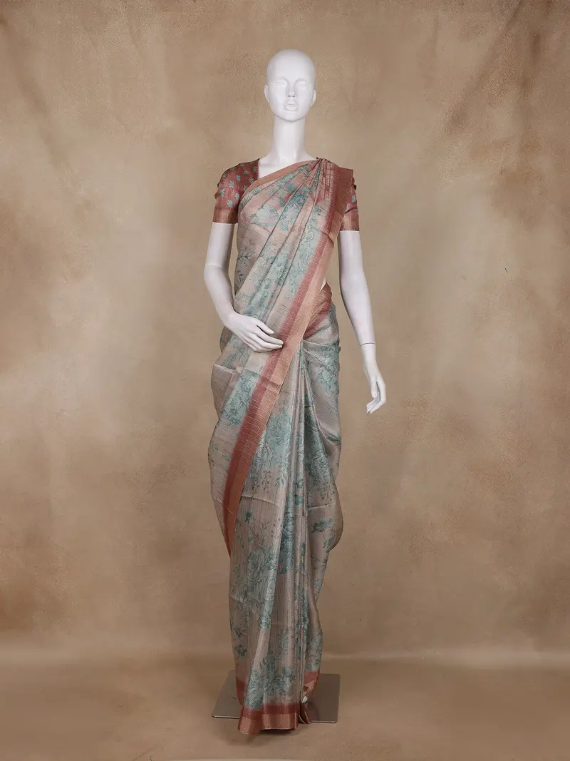 Champagne Beige Floral Design Tissue Silk Saree With Zari Border 1