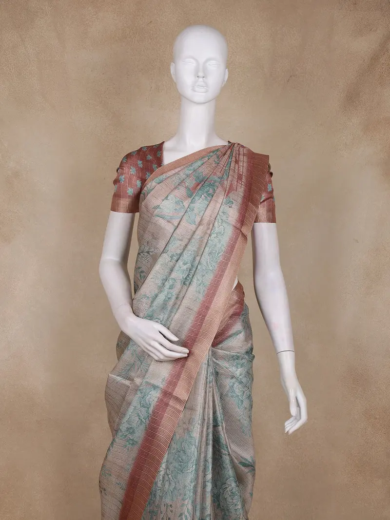 Champagne Beige Floral Design Tissue Silk Saree With Zari Border 2