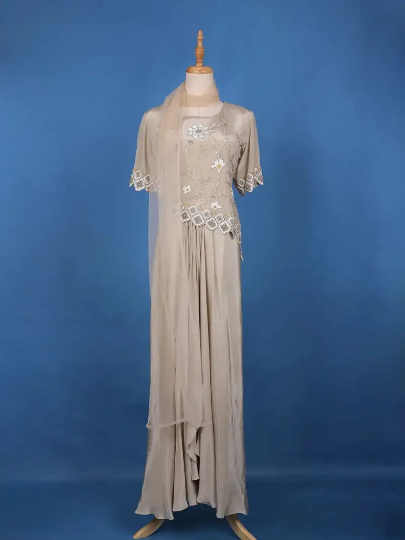 Champagne Beige Floral Sequins Embellished Crepe Skirt 1