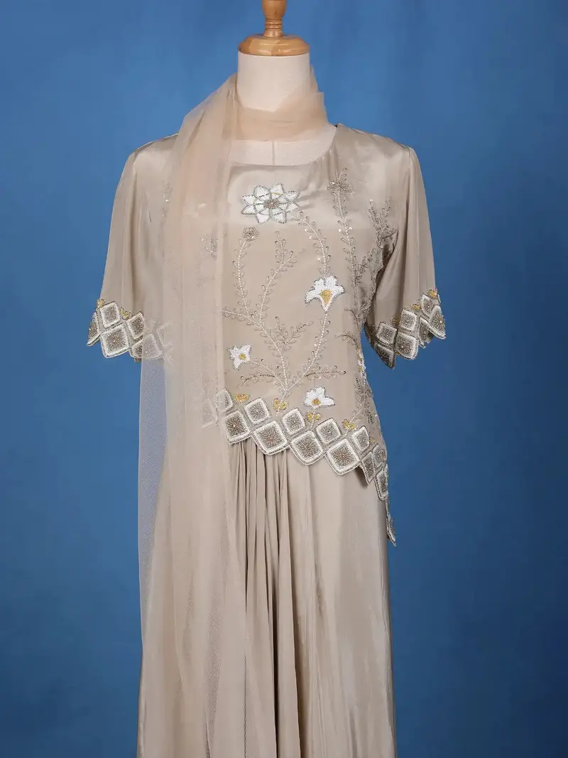 Champagne Beige Floral Sequins Embellished Crepe Skirt 2