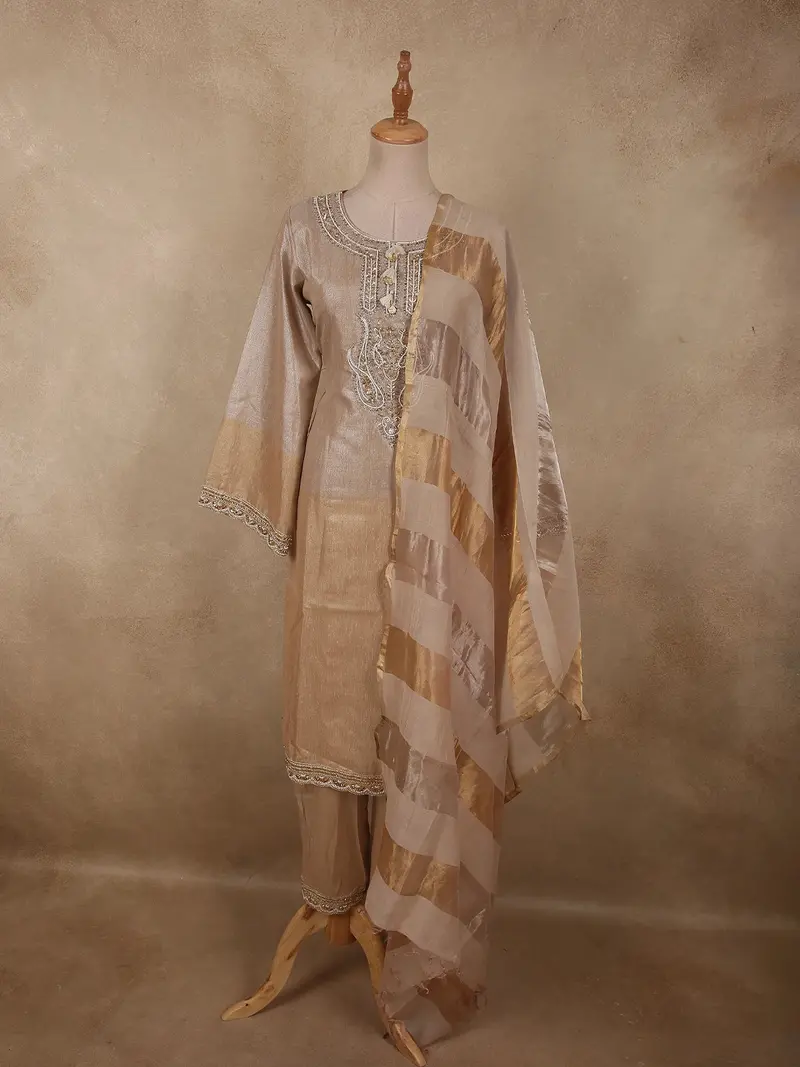 Champagne Beige Gold Beads Embroidered Design Silk Salwar Straight Cut Salwar Suit With Dupatta 1