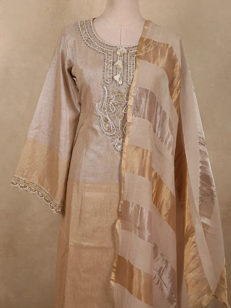 Champagne Beige Gold Beads Embroidered Design Silk Salwar Straight Cut Salwar Suit With Dupatta 2