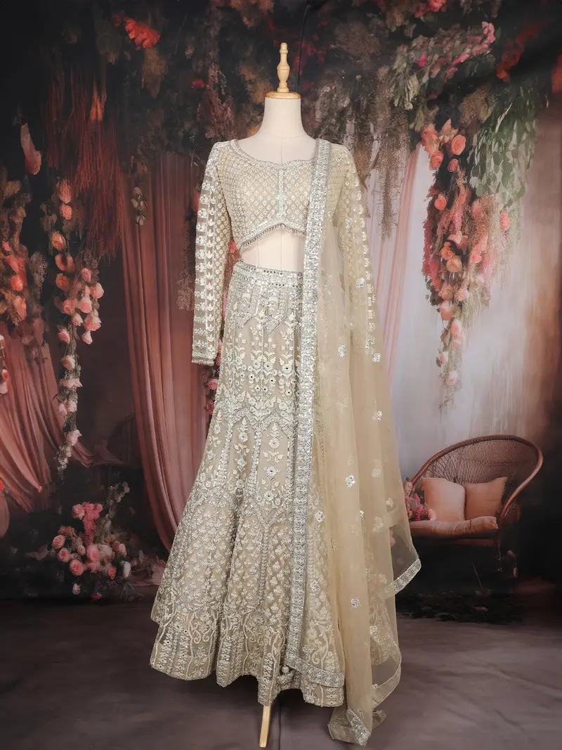 Champagne Beige Heavy Embellished Design Mermaid Net Lehenga With Dupatta 1