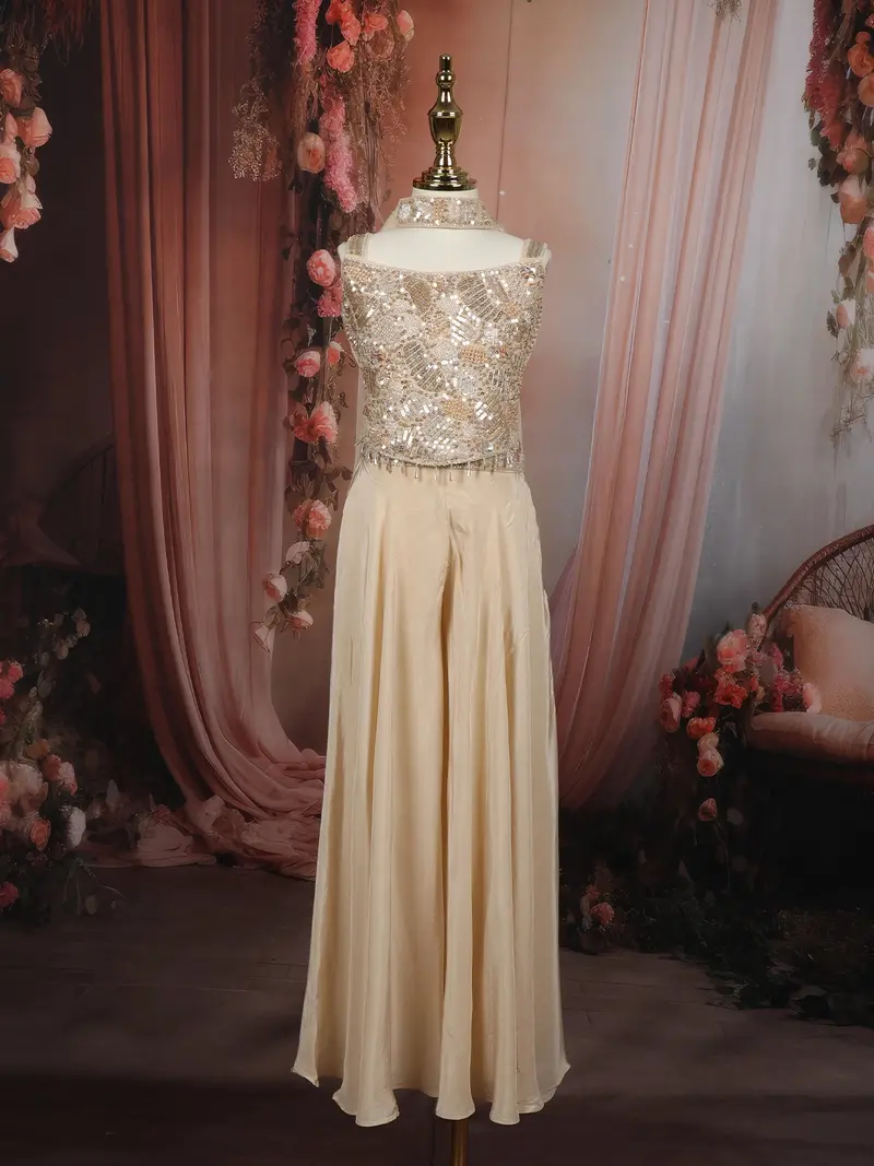Champagne Beige Heavy Sequins And Beads Embroidered Design Satin Kids Palazzo Suit With Choker  Dupatta 1