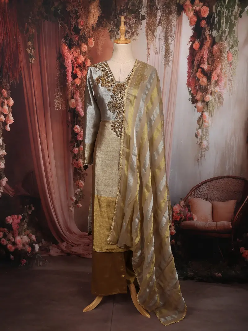 Champagne Beige Paisley Sequins And Beads Embroidered Design Tissue Silk Salwar Suit 1