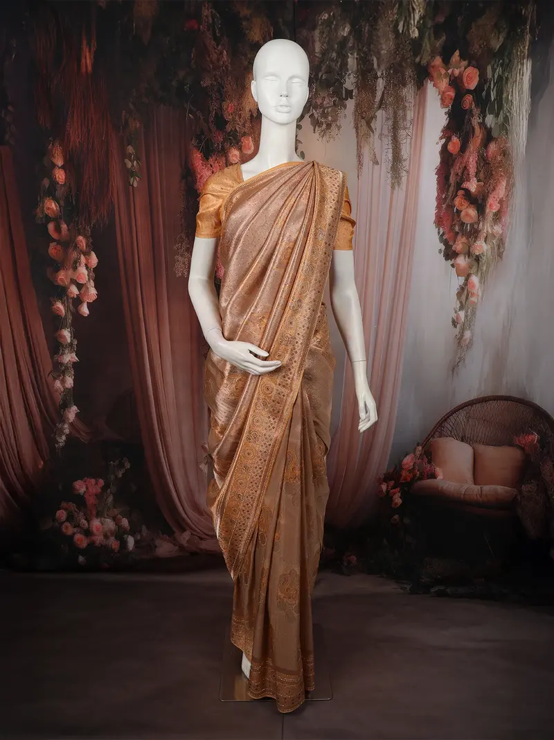 Champagne Beige Peacock Zari Woven And Stone Work Embellished Design Pure Banarasi Silk Designer Saree With Designer Border 1
