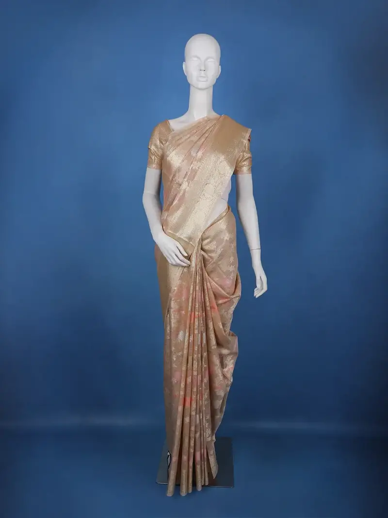 Champagne Gold Floral Design Semi Tissue Saree 1
