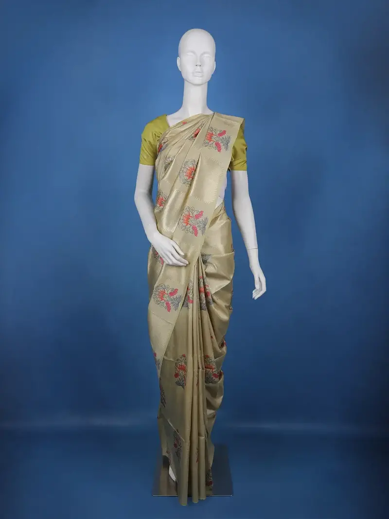 Champagne Gold Floral Design Semi Tissue Saree 1