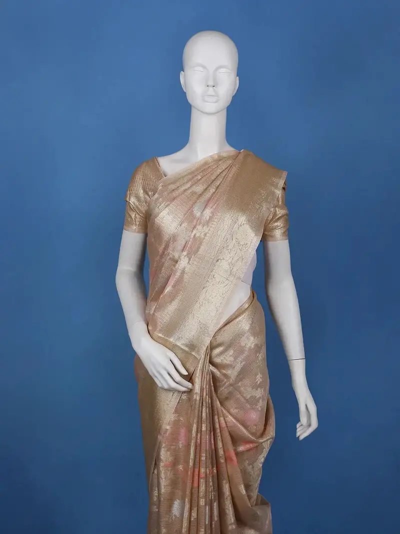 Champagne Gold Floral Design Semi Tissue Saree 2