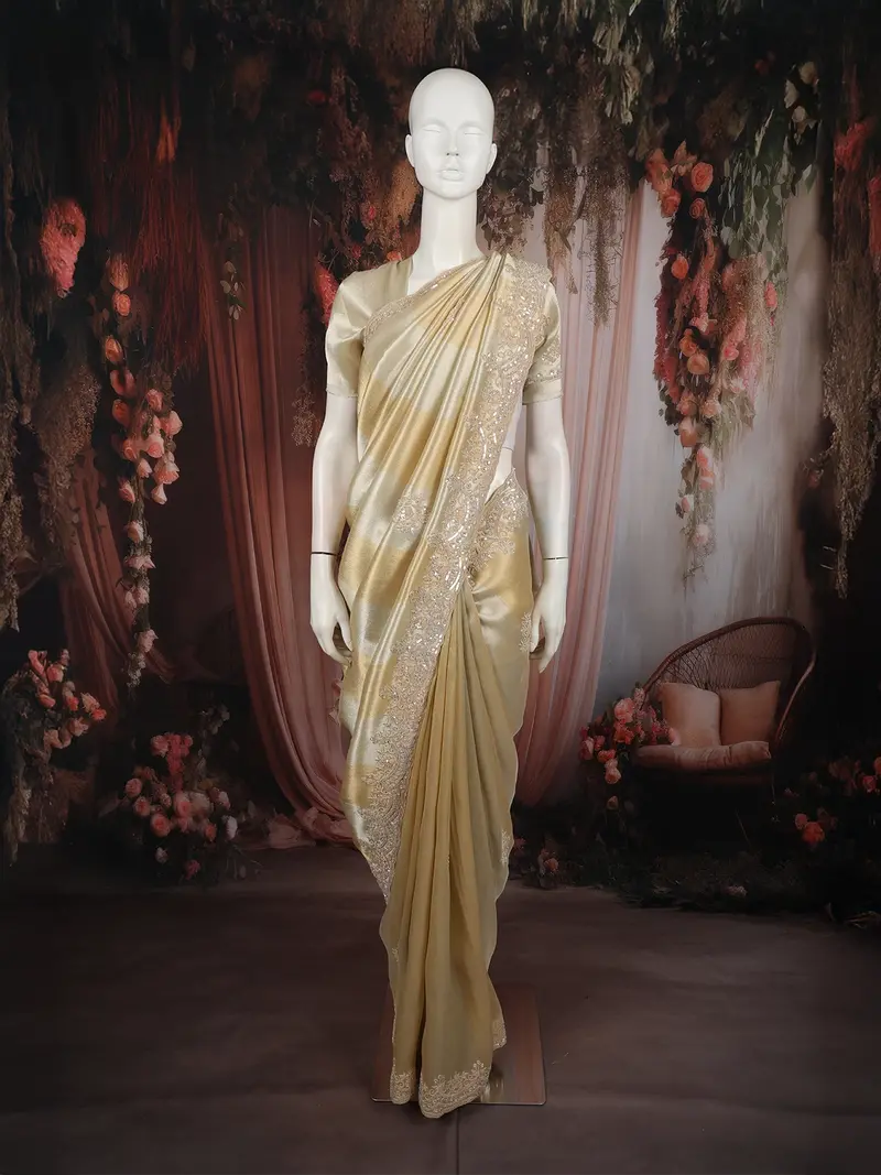 Champagne Gold Floral Sequins Embroidered Design Pure Tissue Fancy Saree With Scalloped Border 1