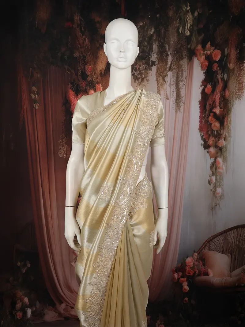 Champagne Gold Floral Sequins Embroidered Design Pure Tissue Fancy Saree With Scalloped Border 2