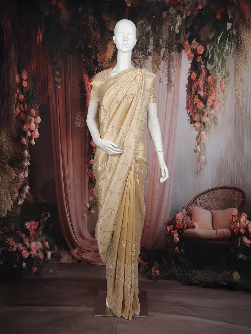 Champagne Gold Floral Sequins Embroidered Tissue Silk Saree 1