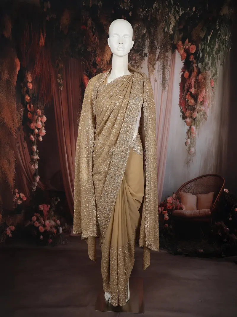 Champagne Gold Floral Vine Zari And Mirror Embroidered Design Georgette Fancy Saree With Designer Scarf 1