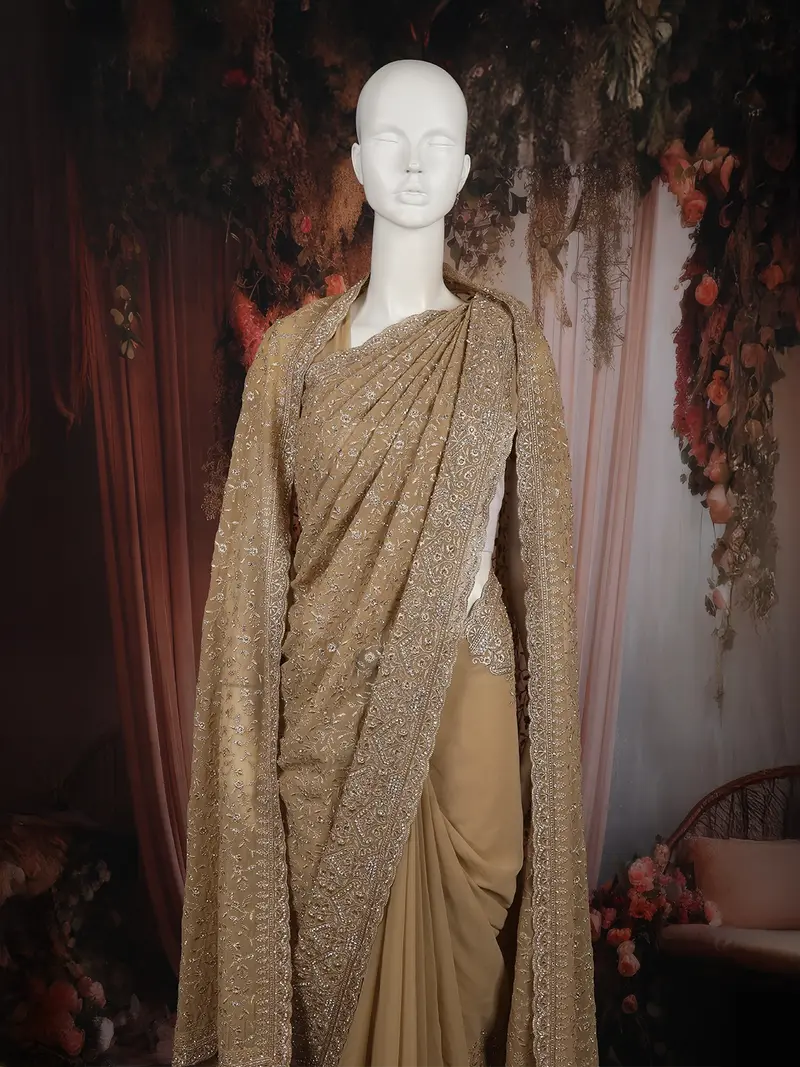 Champagne Gold Floral Vine Zari And Mirror Embroidered Design Georgette Fancy Saree With Designer Scarf 2