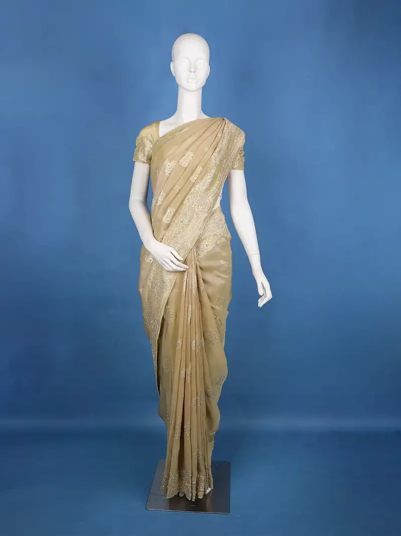 Champagne Gold Floral Zari Sequin Embellishment Organza Saree 1