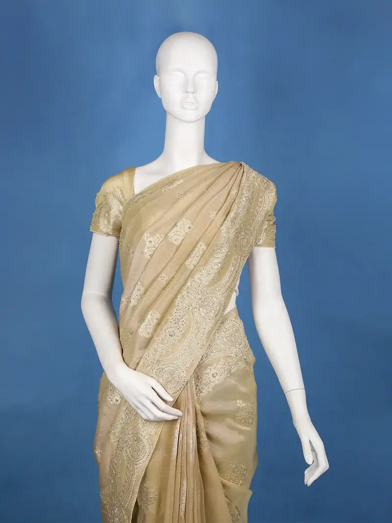 Champagne Gold Floral Zari Sequin Embellishment Organza Saree 2