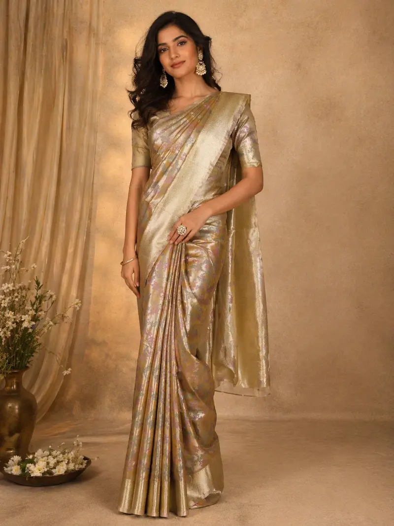 Champagne Gold Ikat Woven Tissue Silk Saree 1