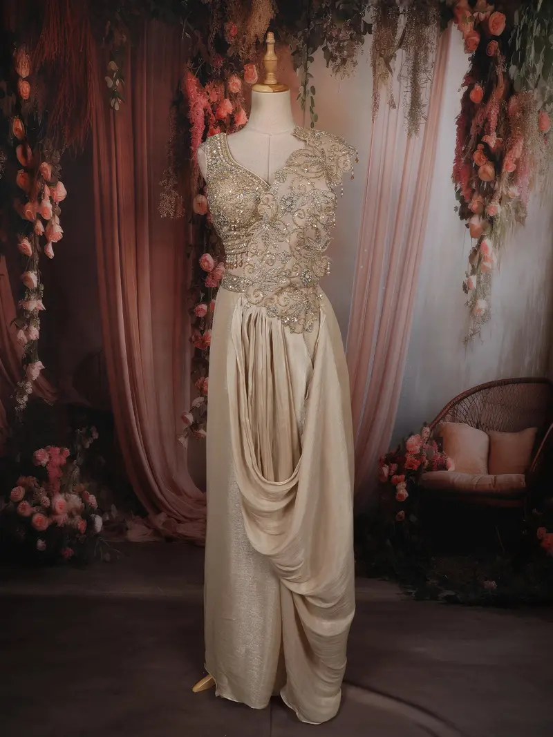 Champagne Gold Sequins And Beads Embroidered Design Tissue Ready To Wear Saree With Designer Blouse 1