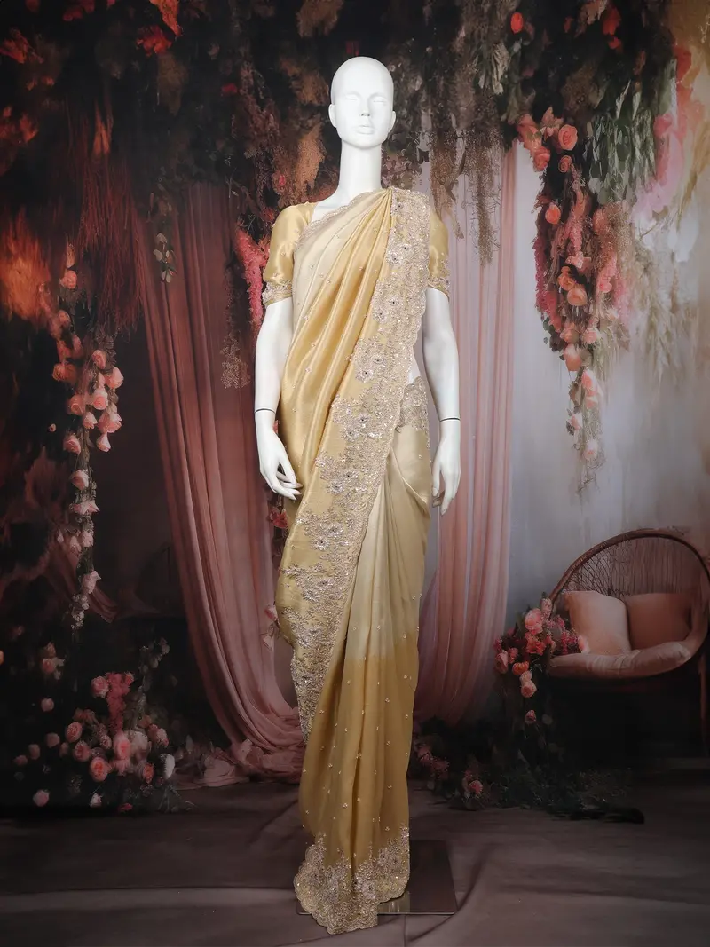 Champagne Gold Sequins And Beads Embroidered Tissue Banarasi Saree 1