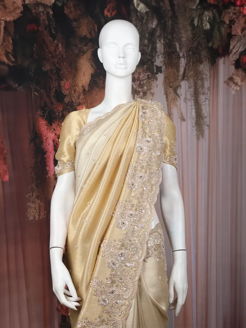 Champagne Gold Sequins And Beads Embroidered Tissue Banarasi Saree 2