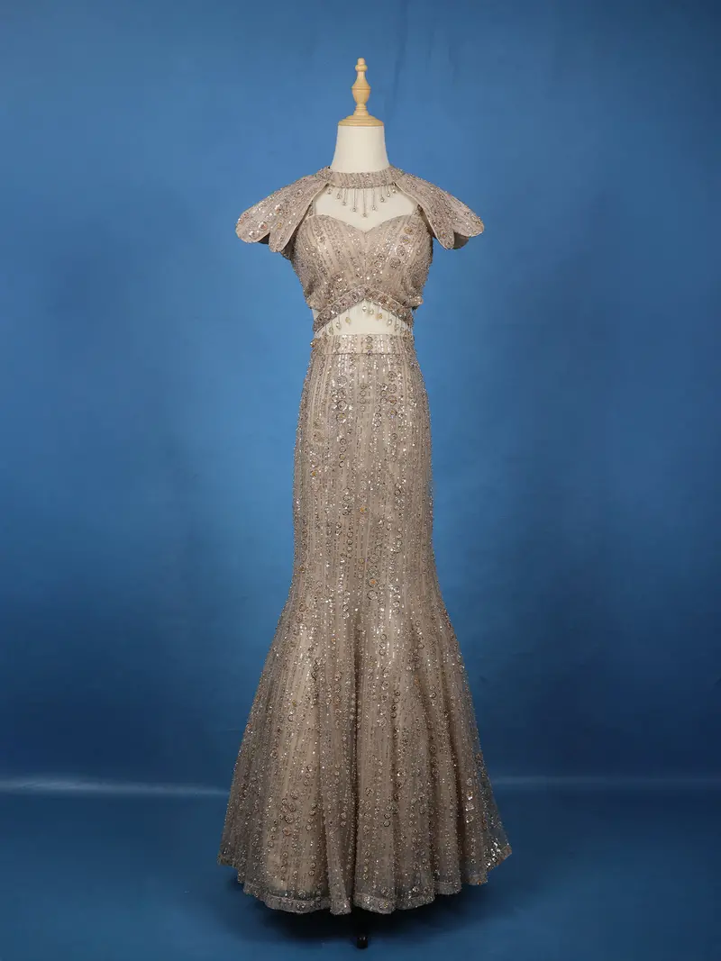Champagne Gold Sequins Embellished Design Net Lehenga 1