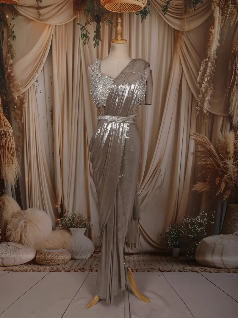 Champagne Gold Shimmer Solid Design Ready To Wear Saree With Heavy Embroidered Blouse And Hip Belt 1