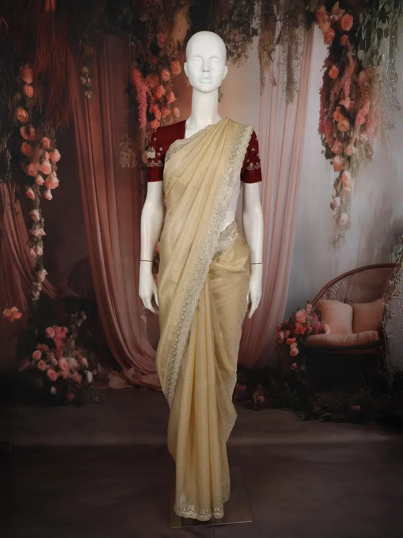 Champagne Gold Zig Zag Design Satin Saree With Scalloped Border 1