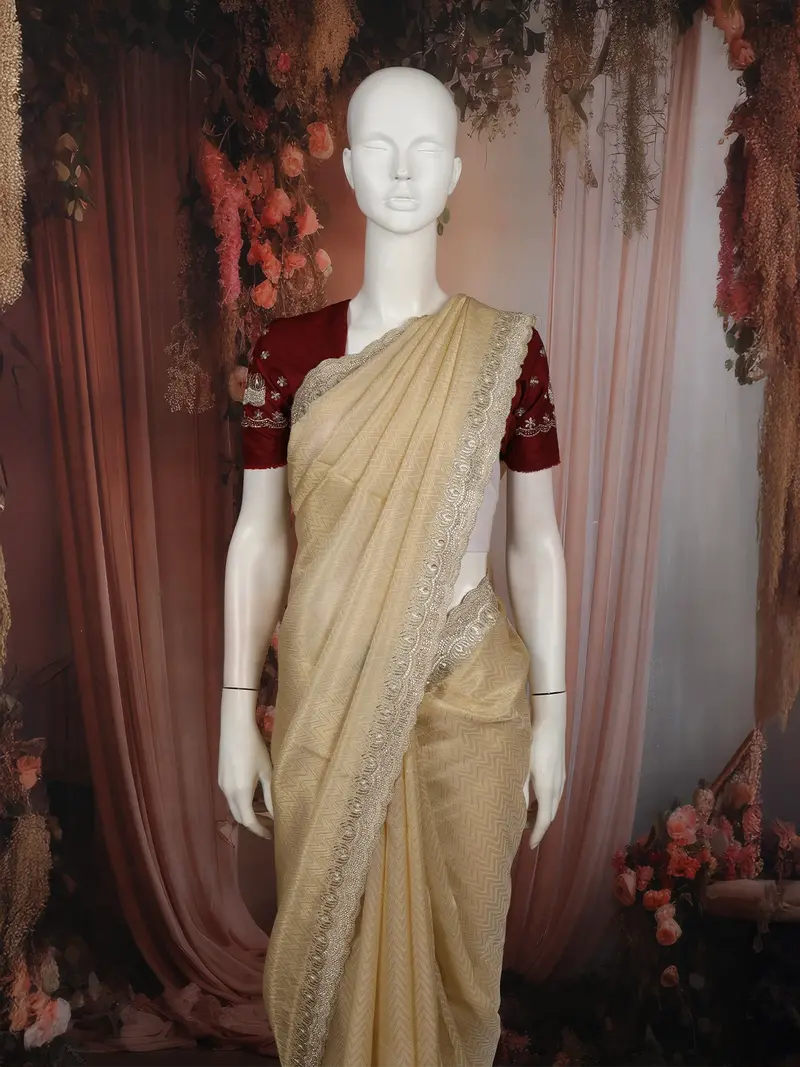 Champagne Gold Zig Zag Design Satin Saree With Scalloped Border 2