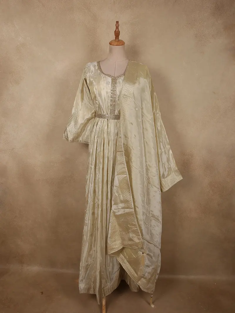 Champagne Ivory Floral Zari Embroidered Design Tissue Silk Gown With Dupatta 1