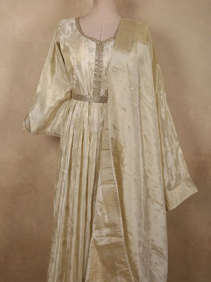Champagne Ivory Floral Zari Embroidered Design Tissue Silk Gown With Dupatta 2