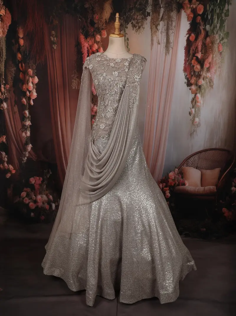 Champagne Silver Grey Heavy Sequins And Beads Embroidered Design Mermaid Net Lehenga 1