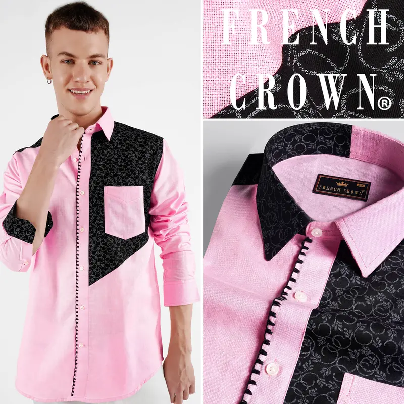 Chantilly Pink And Onyx Black Hand Embroidered Dobby Premium Giza Cotton Designer Shirt 1