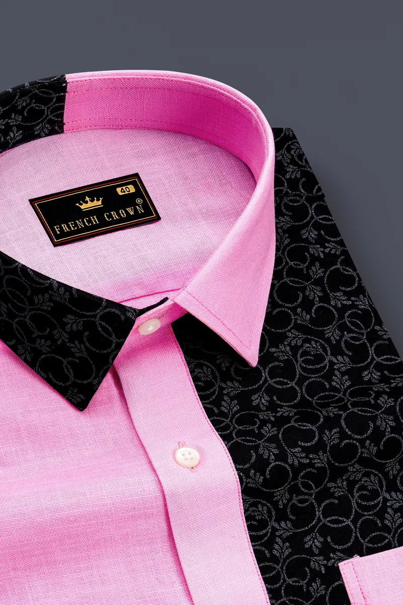 Chantilly Pink With Jade Black Ditsy Dobby Textured Premium Giza Cotton Designer Shirt 4