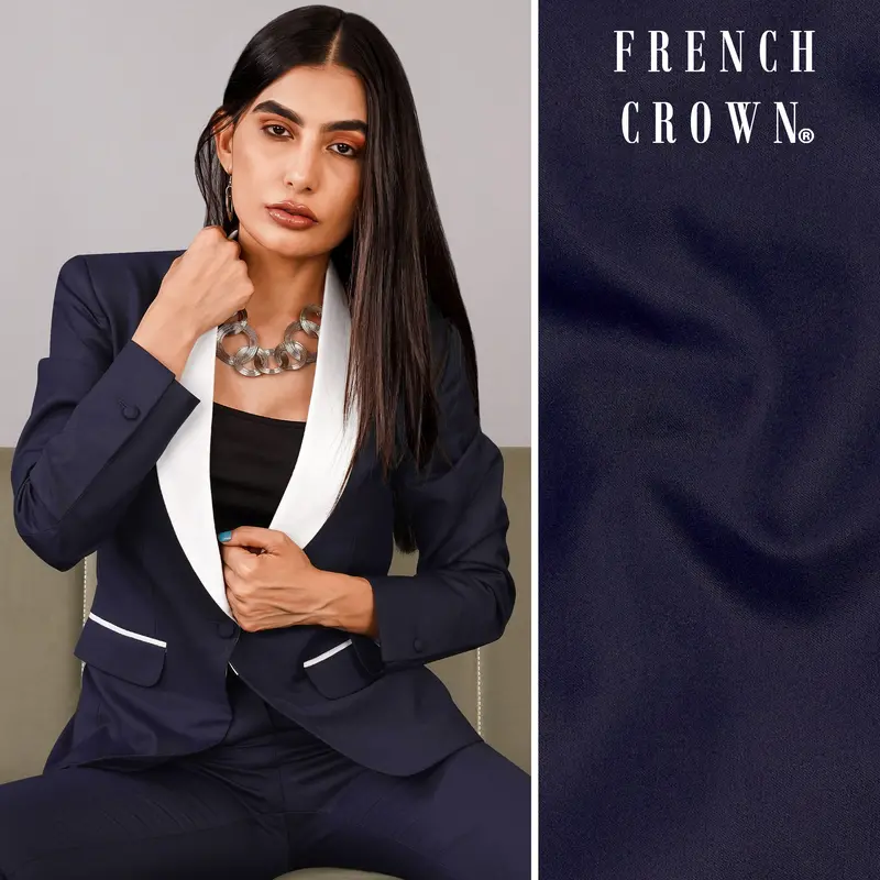 Charade Blue Subtle Sheen With White Lapel Single Breasted Women's Blazer 1