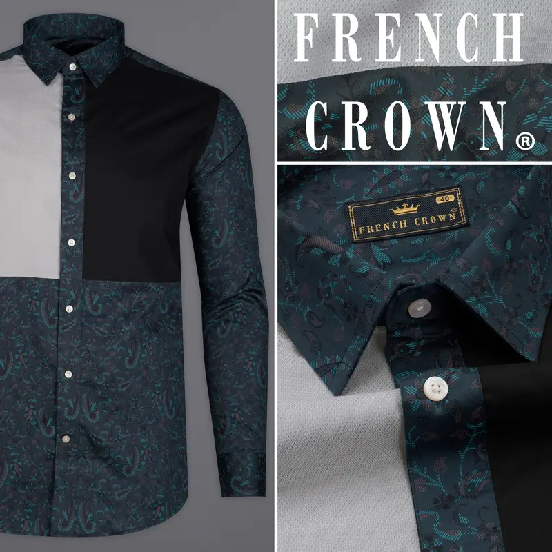 Charade Green Paisley Printed With Nobel Gray And Black Patchwork Super Soft Premium Cotton Designer Shirt 1