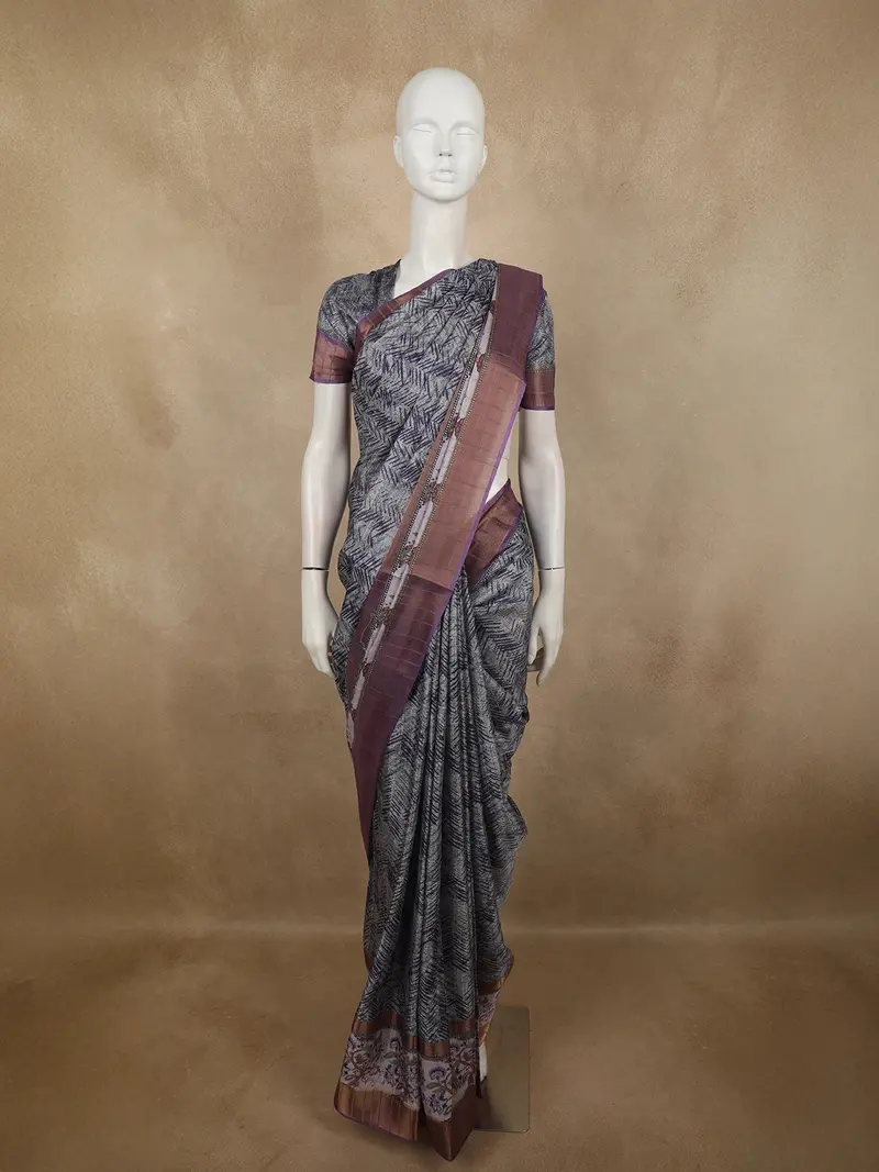 Charcoal Ash Grey Abstract Printed Design Semi Tussar Saree With Floral Border 1