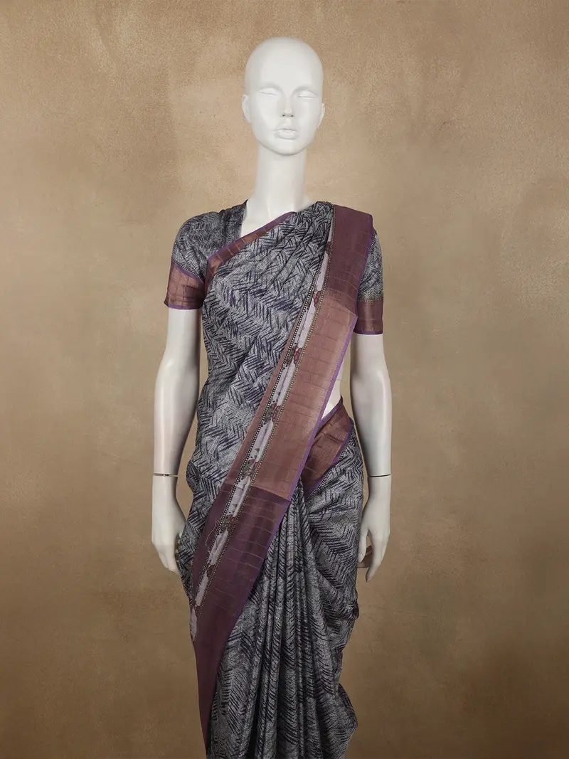 Charcoal Ash Grey Abstract Printed Design Semi Tussar Saree With Floral Border 2
