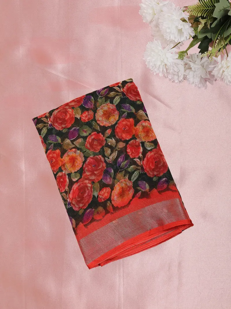 Charcoal Black And Coral Red Floral Printed Design Linen Cotton Saree 1