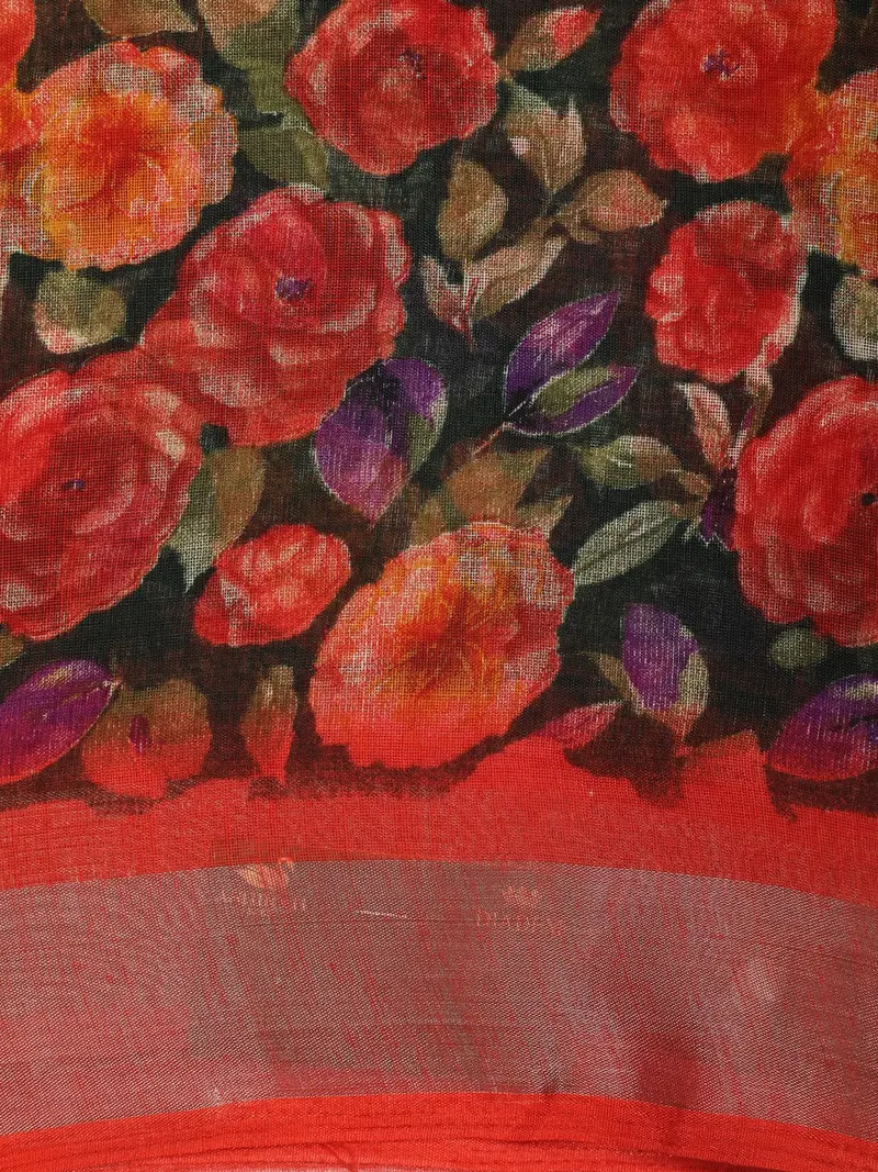 Charcoal Black And Coral Red Floral Printed Design Linen Cotton Saree 2